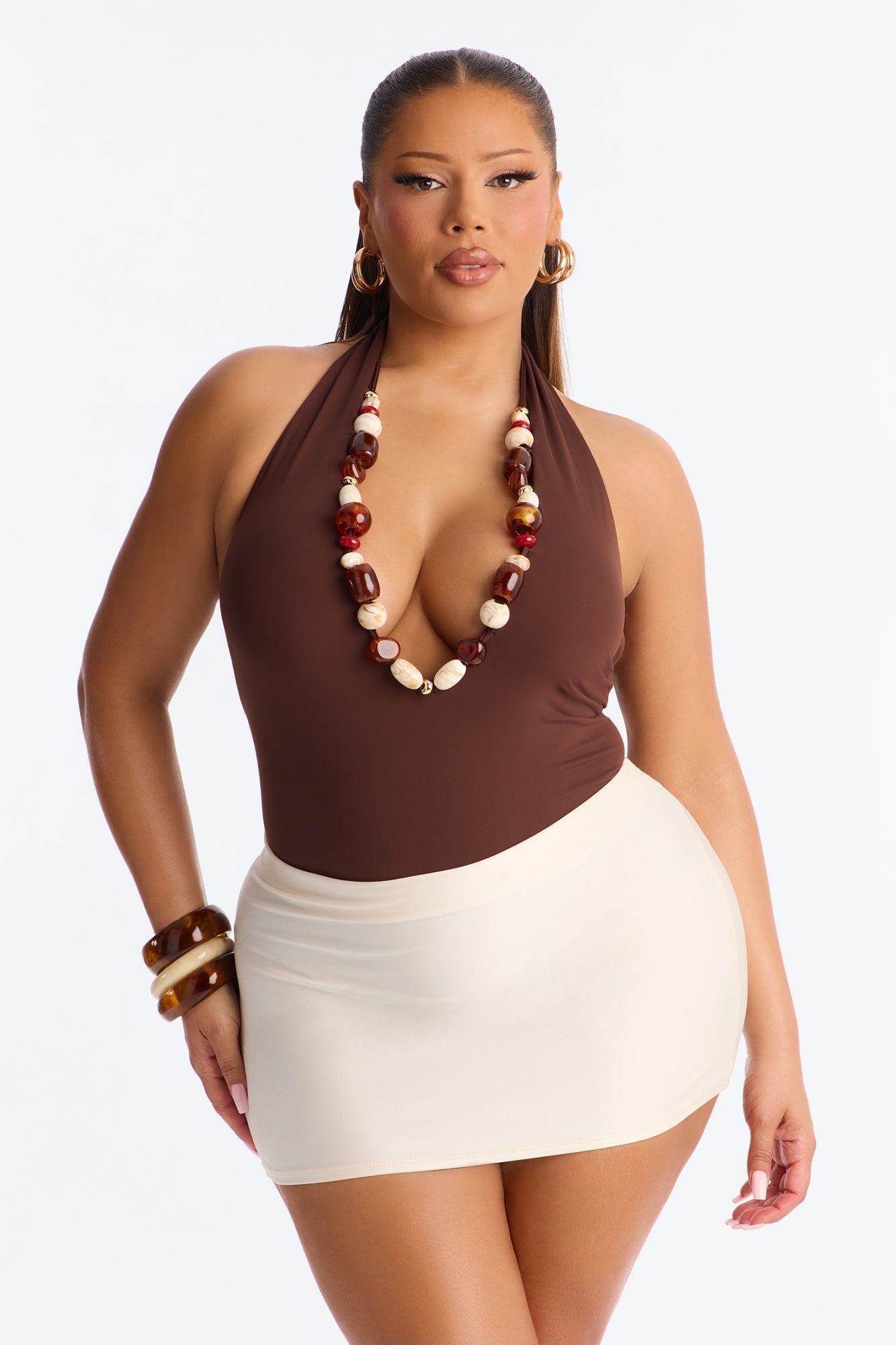 Bahamas Queen Beaded Deep V-Neck Halter Bodysuit - Chocolate