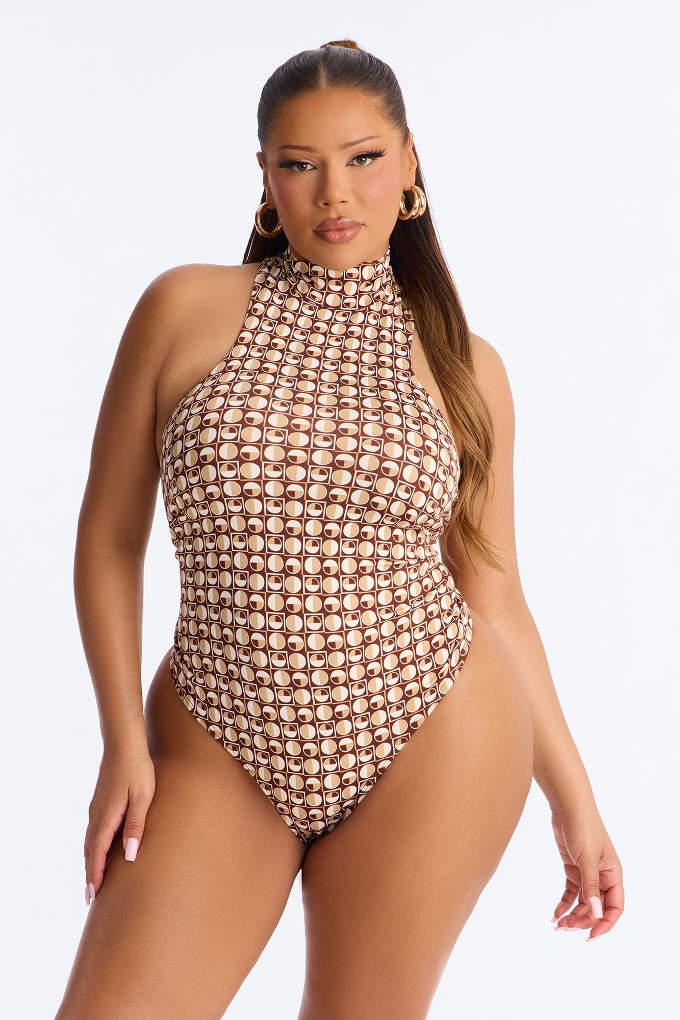 Retro Baddie Mock Neck Sleeveless Bodysuit - Brown/combo