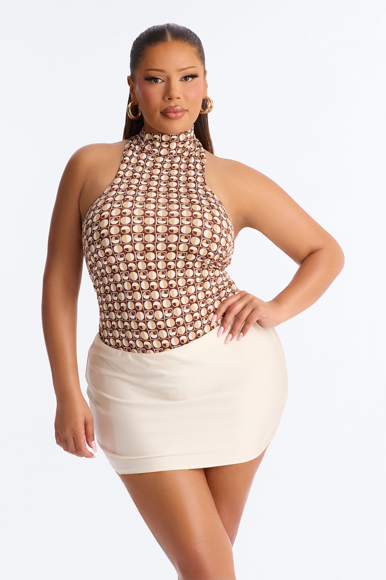 Retro Baddie Mock Neck Sleeveless Bodysuit - Brown/combo