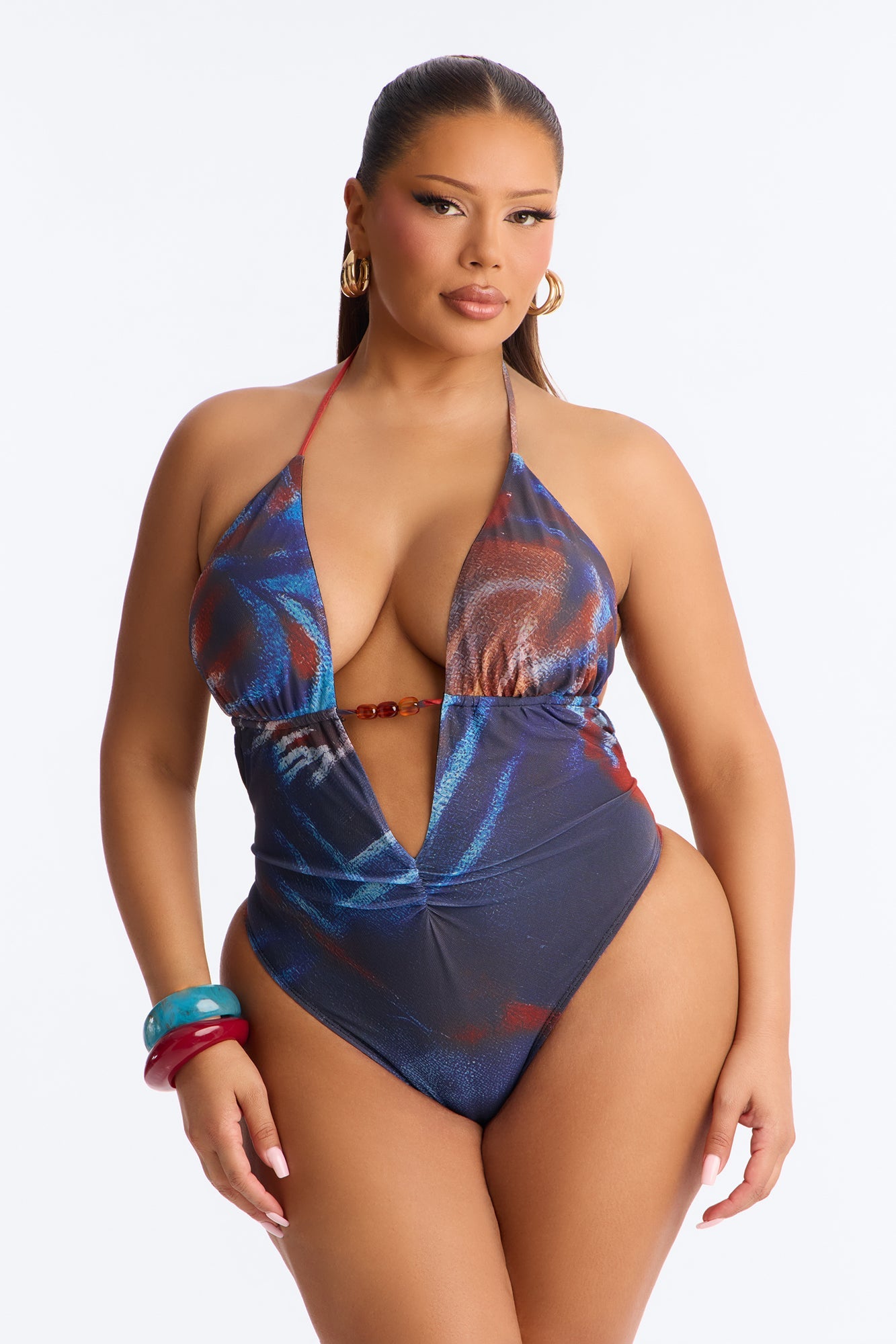 Olandria Mesh Beaded Halter Bodysuit - Navy/combo