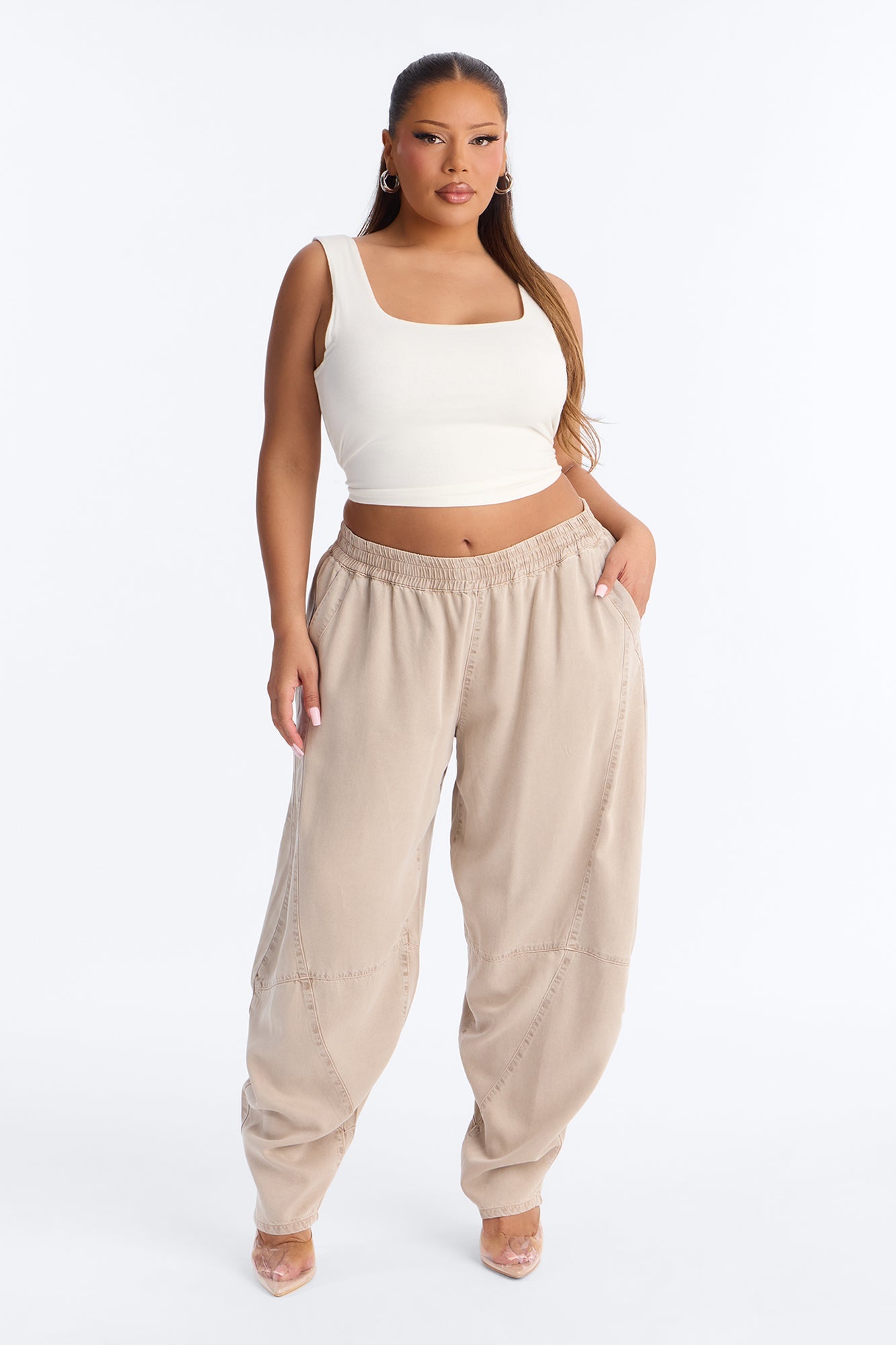 Jeannie Mid Rise Washed Barrel Pants - Stone