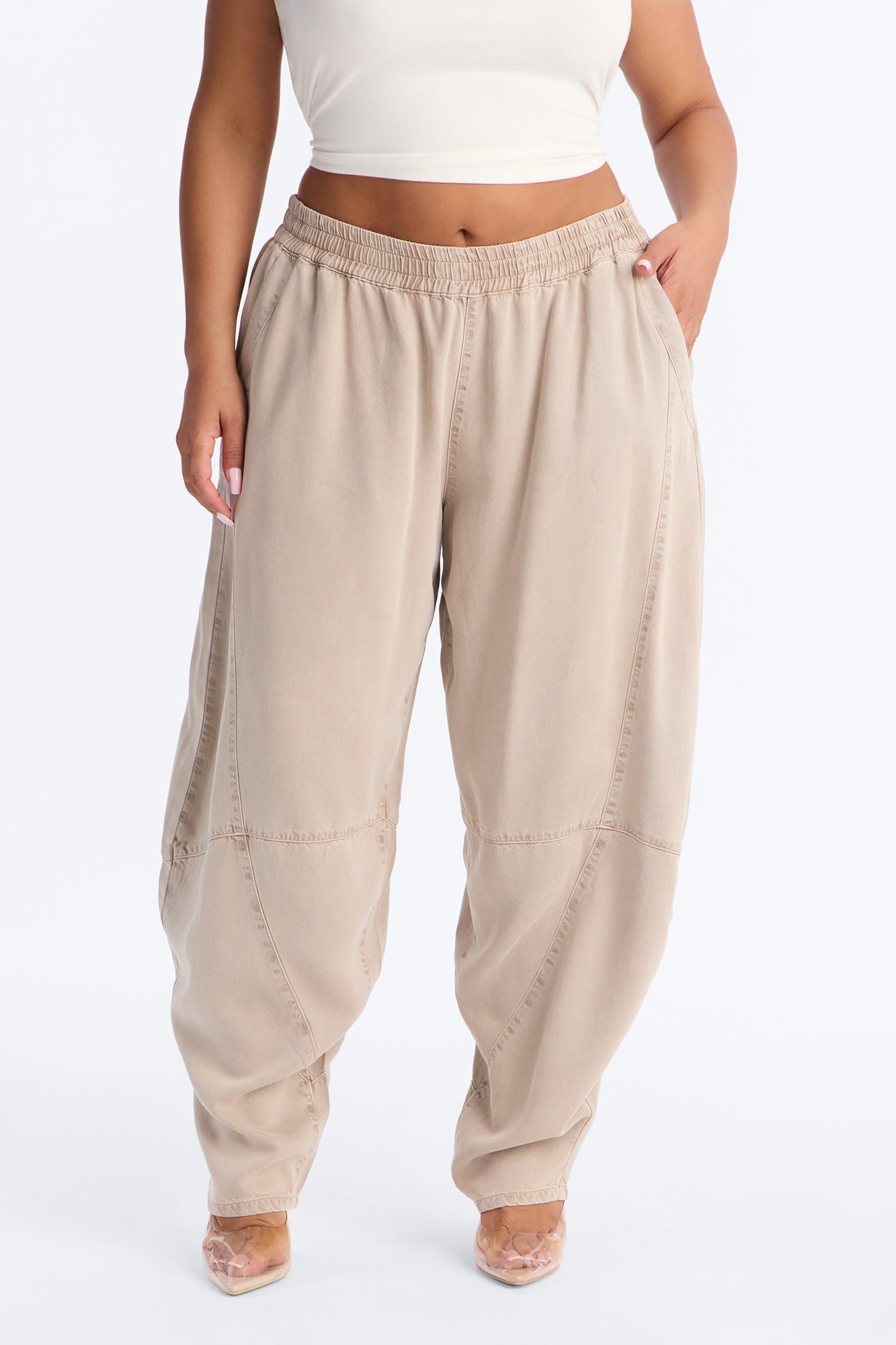 Jeannie Mid Rise Washed Barrel Pants - Stone